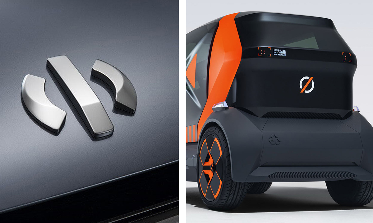 Bên trái là logo của HiPhi, bên phải là logo trên xe của Mobilize, thương hiệu con của Renault.